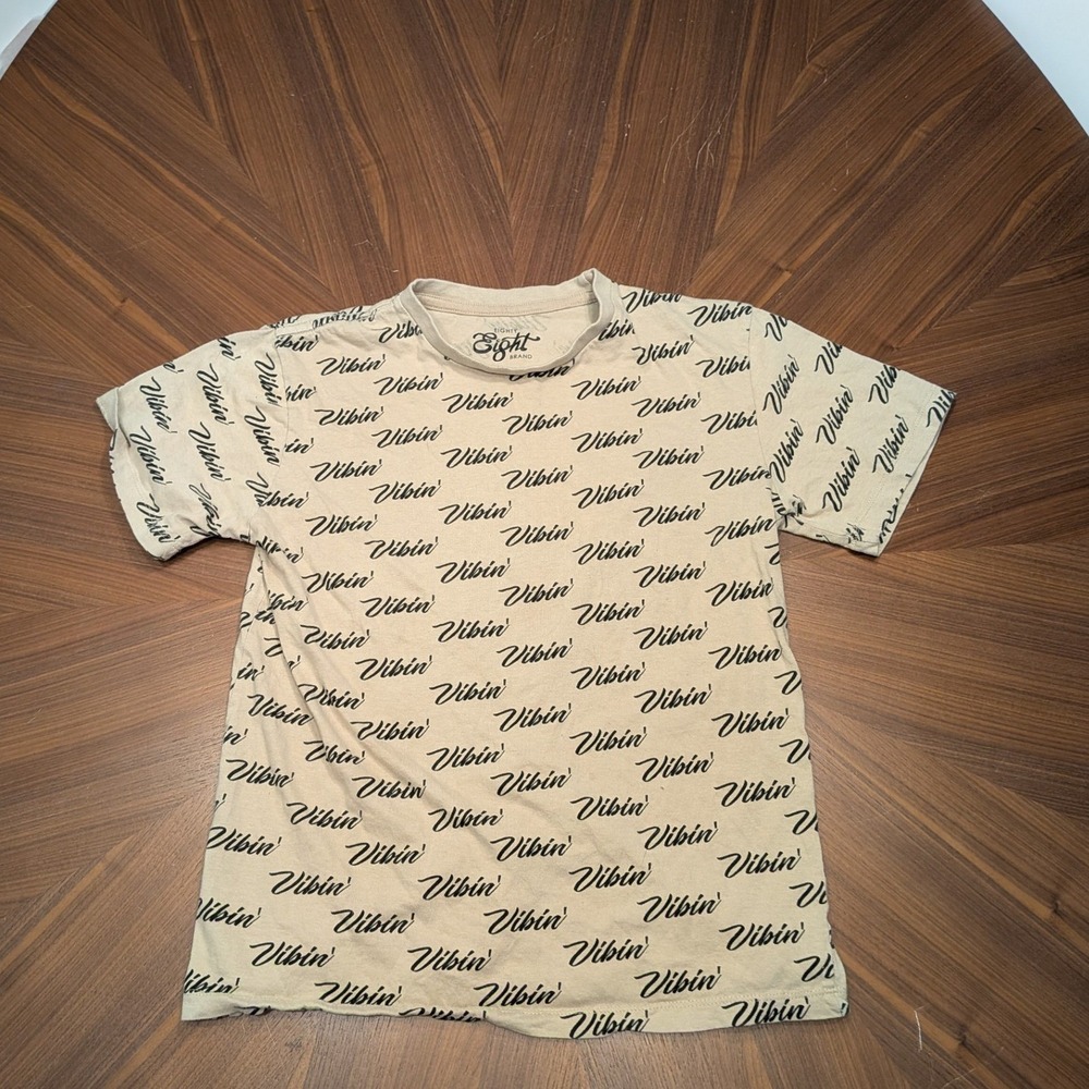 Eighty Eight Brand Vibin T Shirt Boys 14 Tan Excellent All Over Print Streetwear
